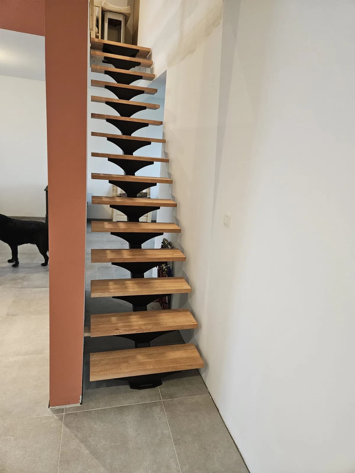 Escalier limon central acier et bois